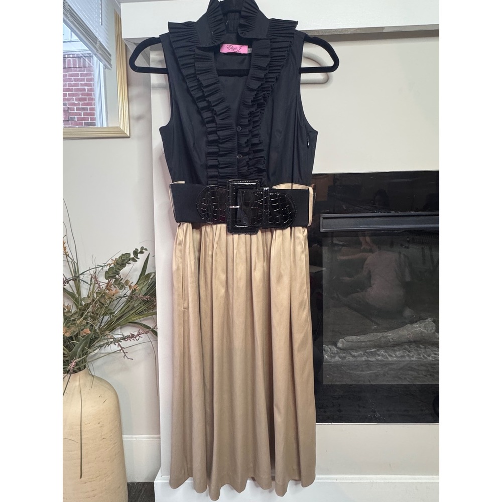 Eliza J Black Ruffled Collar Sleeveless Beige Maxi Dress Belted Size 6